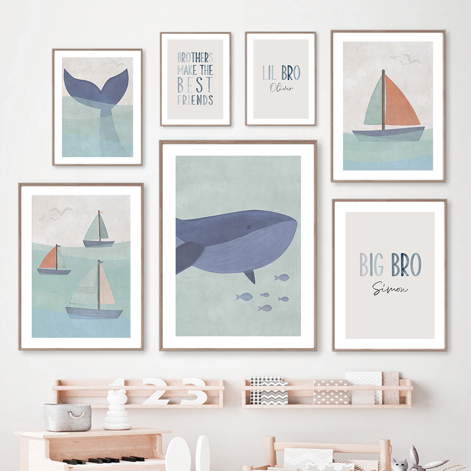 Baby Nursery Ocean - Cartoon Seewalhai Segelboot Ozean Kinderzimmer Wandkunst