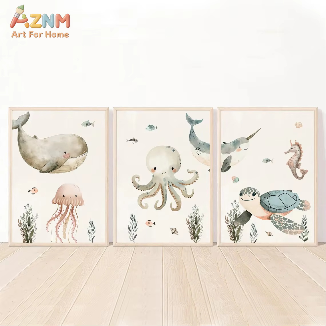Baby Nursery Ocean - AZNM Aquarell Leinwandbild mit niedlichen Meerestieren: