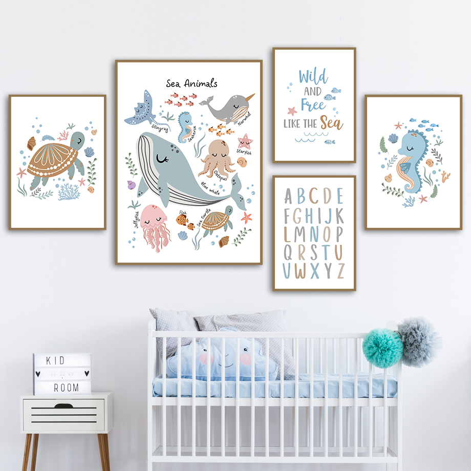 Baby Nursery Ocean - Ungerahmte Ozean-Tierbilder Meeresschildkröte Wal Zahlen Alphabet