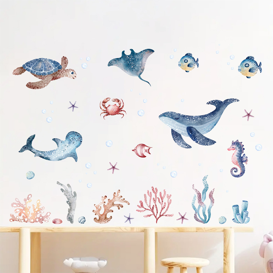 Baby Nursery Ocean - Cartoon-Wal-Schildkröte Meeres-Tier Algen Aquarell Kinder-Wandaufkleber Vinyl-Kunst-Aufkleber