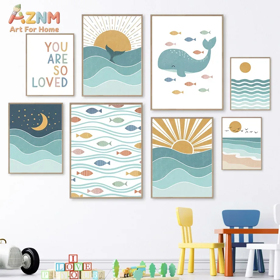 Baby Nursery Ocean - AZNM Boho Ozean Leinwand-Wandkunst Niedlicher Wal