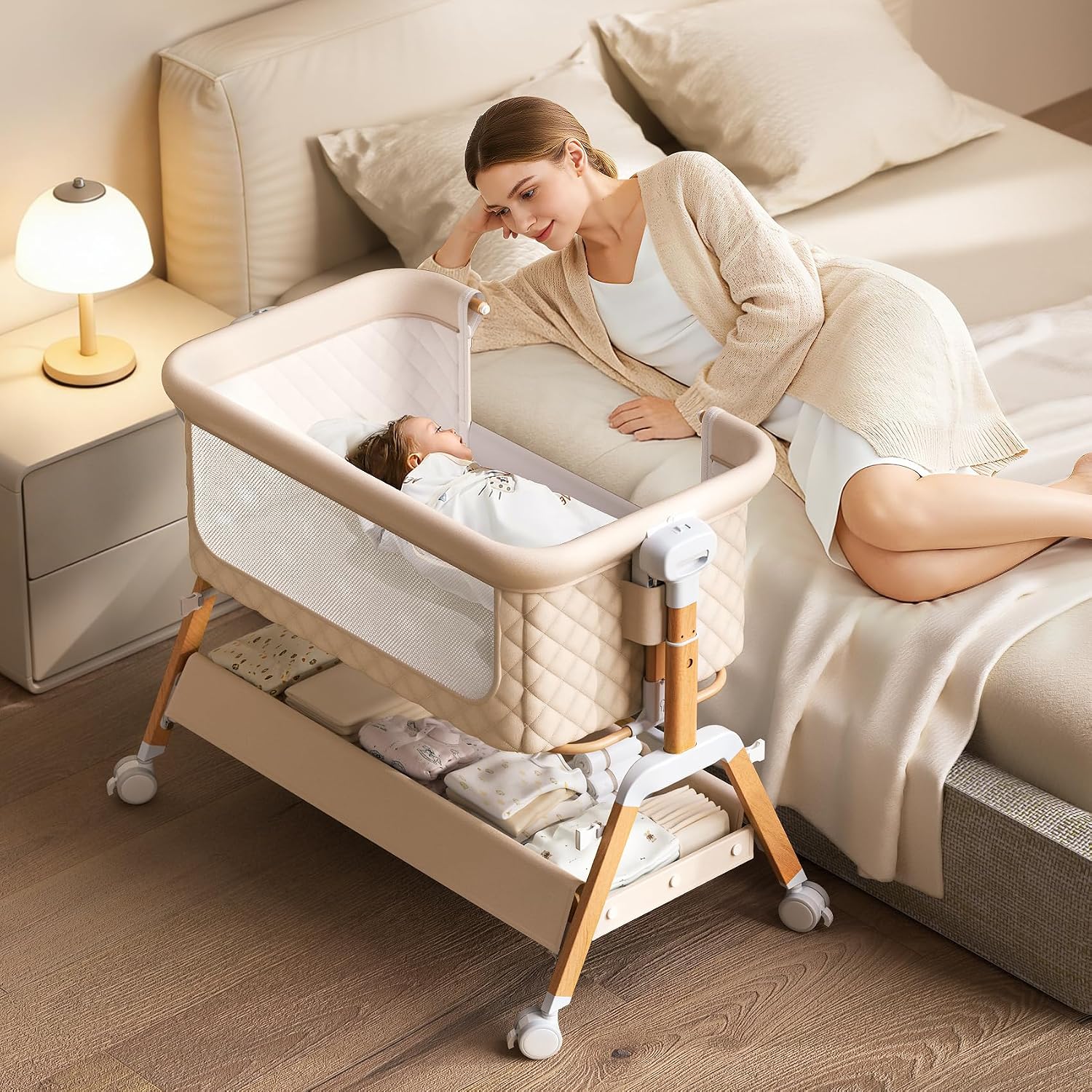 Bassinet Bedside Sleeper - 3-in-1 Baby-Babybett, Beistellbett, Schaukelwiege für Neugeborene,