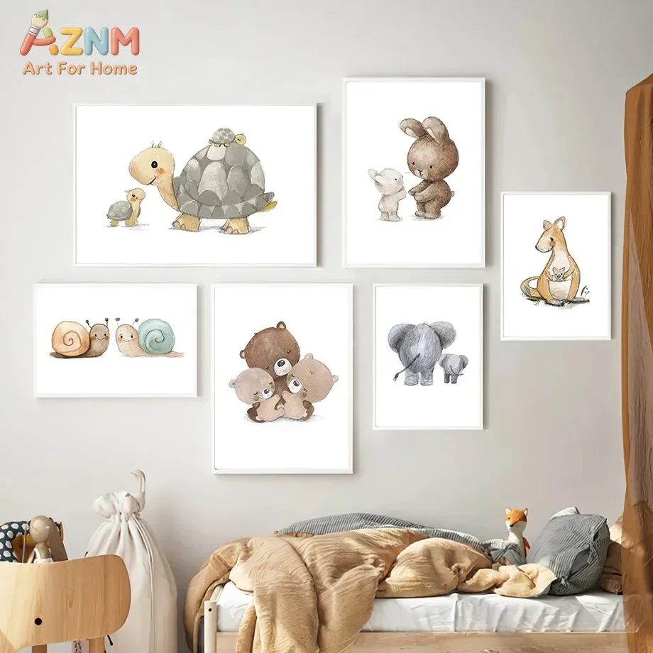 Baby Nursery Elephant - AZNM Aquarell Eltern-Kind Tier Leinwand Wandkunst
