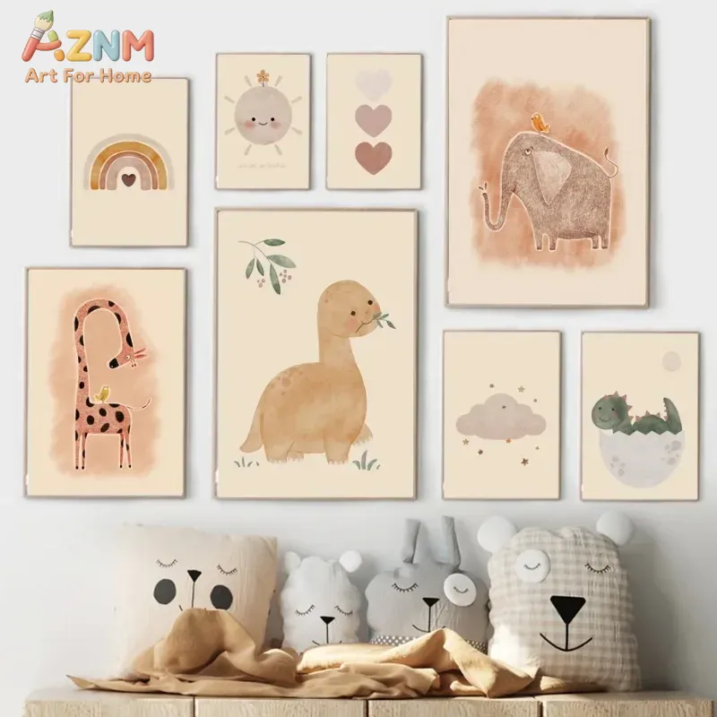 Baby Nursery Elephant - AZNM Neutraler Aquarell-Dinosaurier Leinwand-Wandkunst Niedlicher Elefant