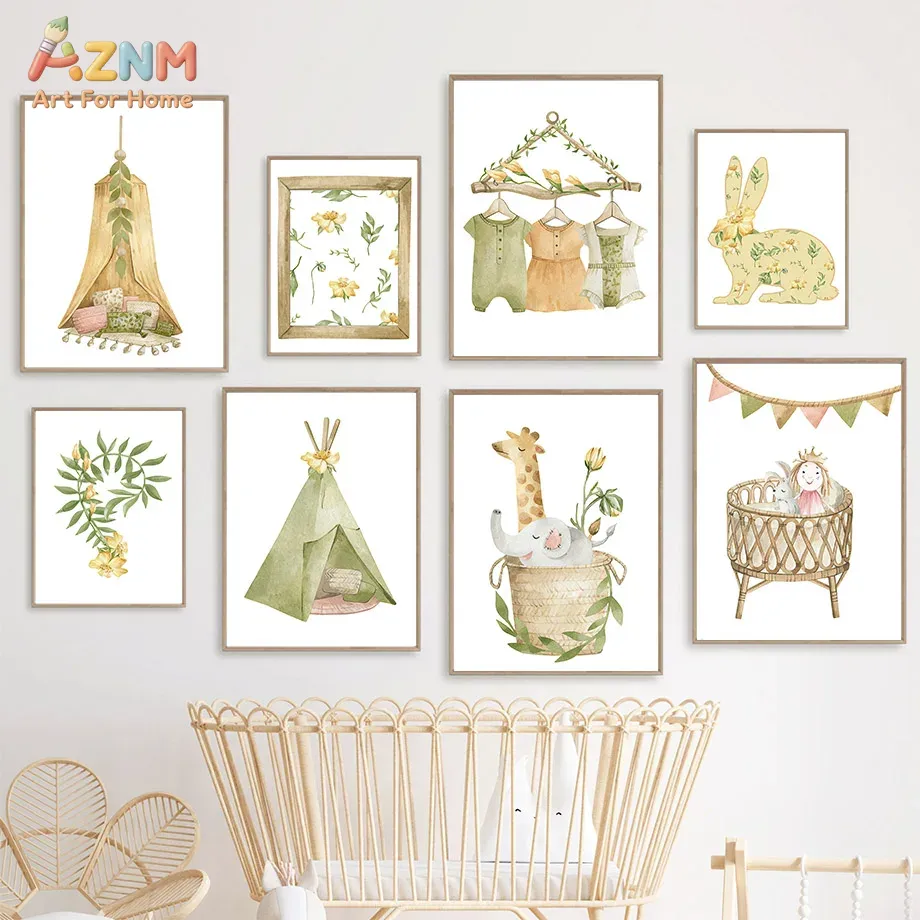 Baby Nursery Plants - AZNM Aquarell-Dschungeltier-Leinwand-Wandkunst, Kaninchen, Giraffe, Elefant, Zelt,