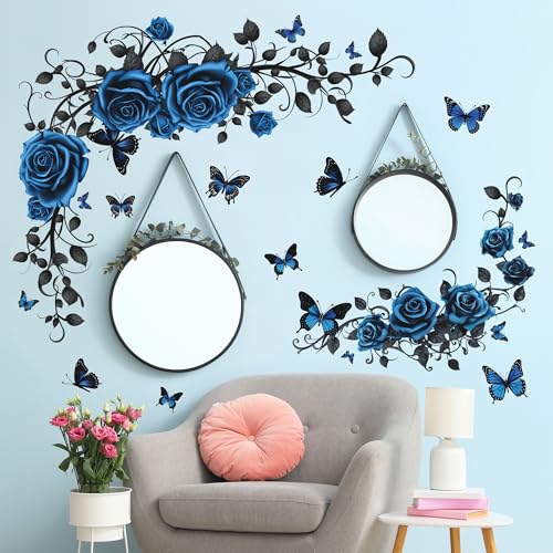 Baby Nursery Plants - Blaue Rosen-Schmetterlings-Wandsticker mit Ranken-Motiv für Schlafzimmer,