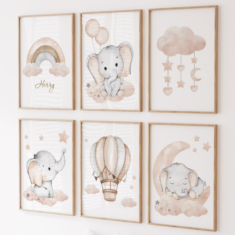 Baby Nursery Elephant - Niedlicher Elefant, heißer Ballon, Mond, Regenbogen,