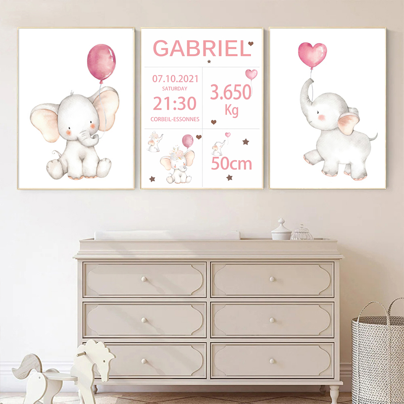 Baby Nursery Elephant - Rosa Baby Angepasst Name Datum der