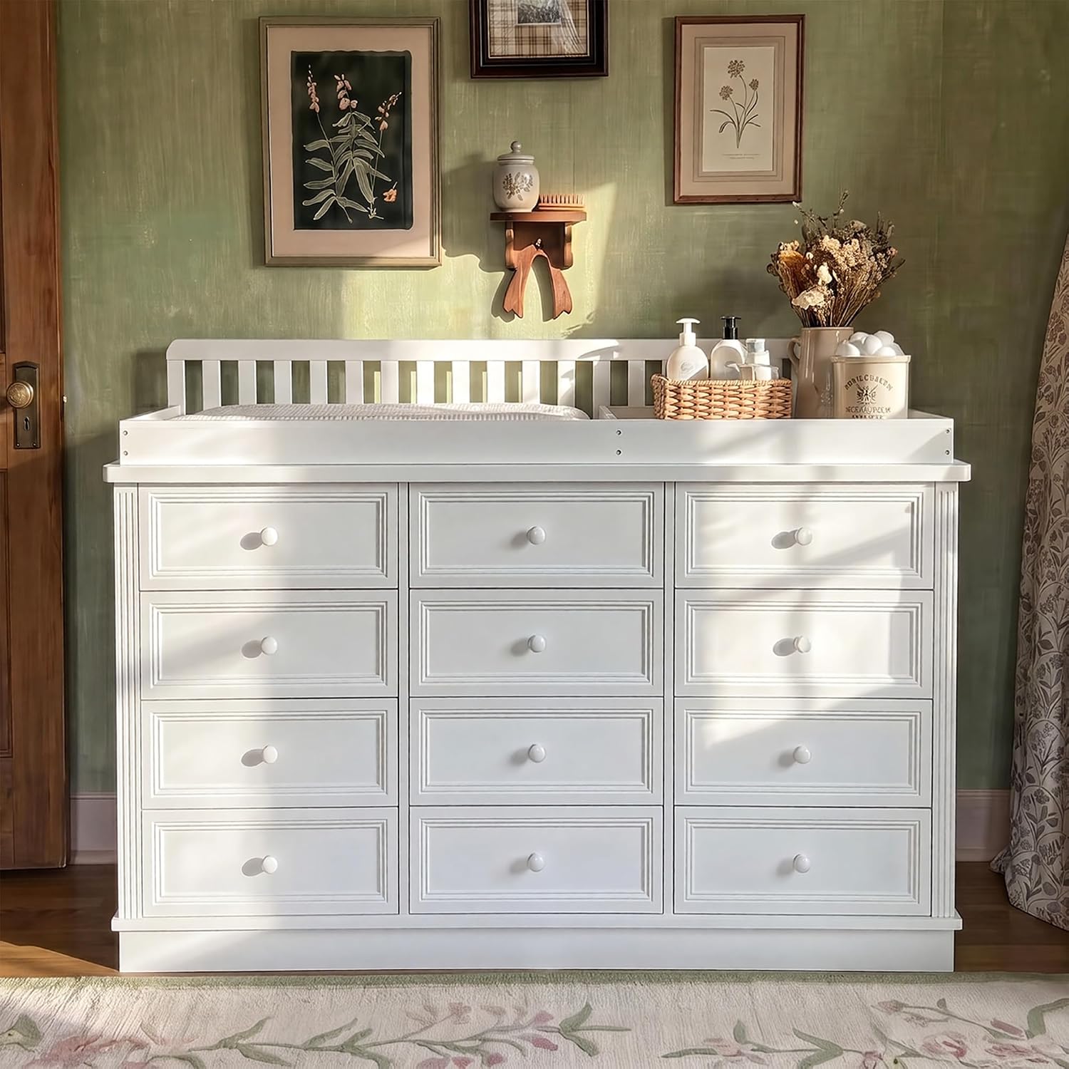 Baby Nursery Drawers - Baby-Wickelkommode, 100% Massivholz Säuglings-Wickelstation-Kombination, 12-Schubladen Baby-Kommode,