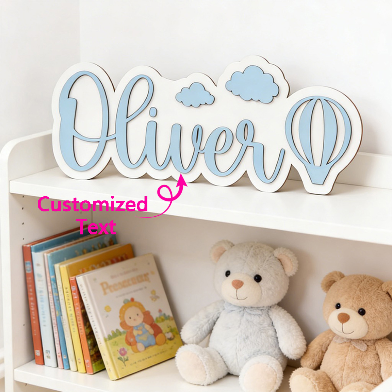 Baby Nursery - Personalisiertes Heißluftballon- & Wolken-Namensschild, Anpassbare Pastellblaue
