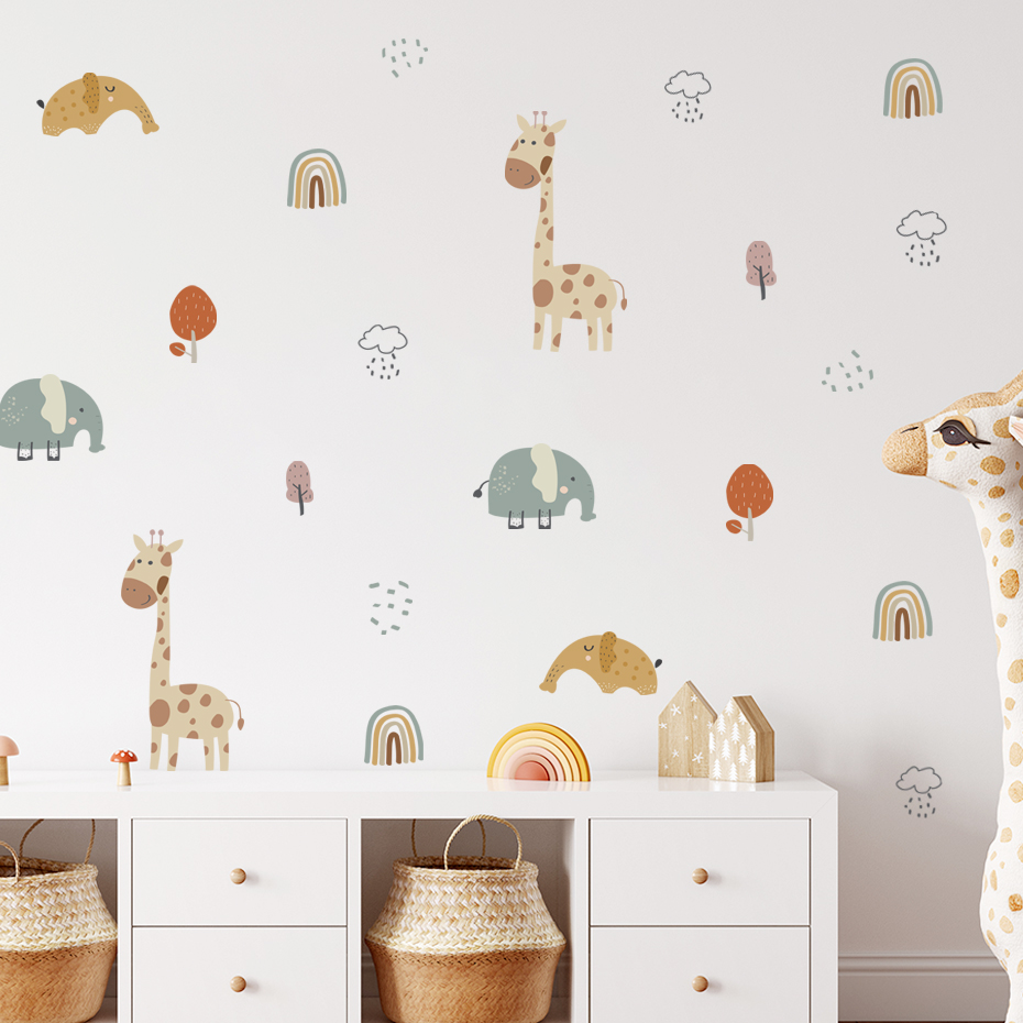 Baby Nursery Plants - Cartoon Giraffe Elefant Tier Wandaufkleber Regenbogen