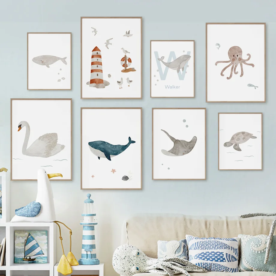 Baby Nursery Ocean - Benutzerdefinierte Name Wal Oktopus Schildkröte Schwan