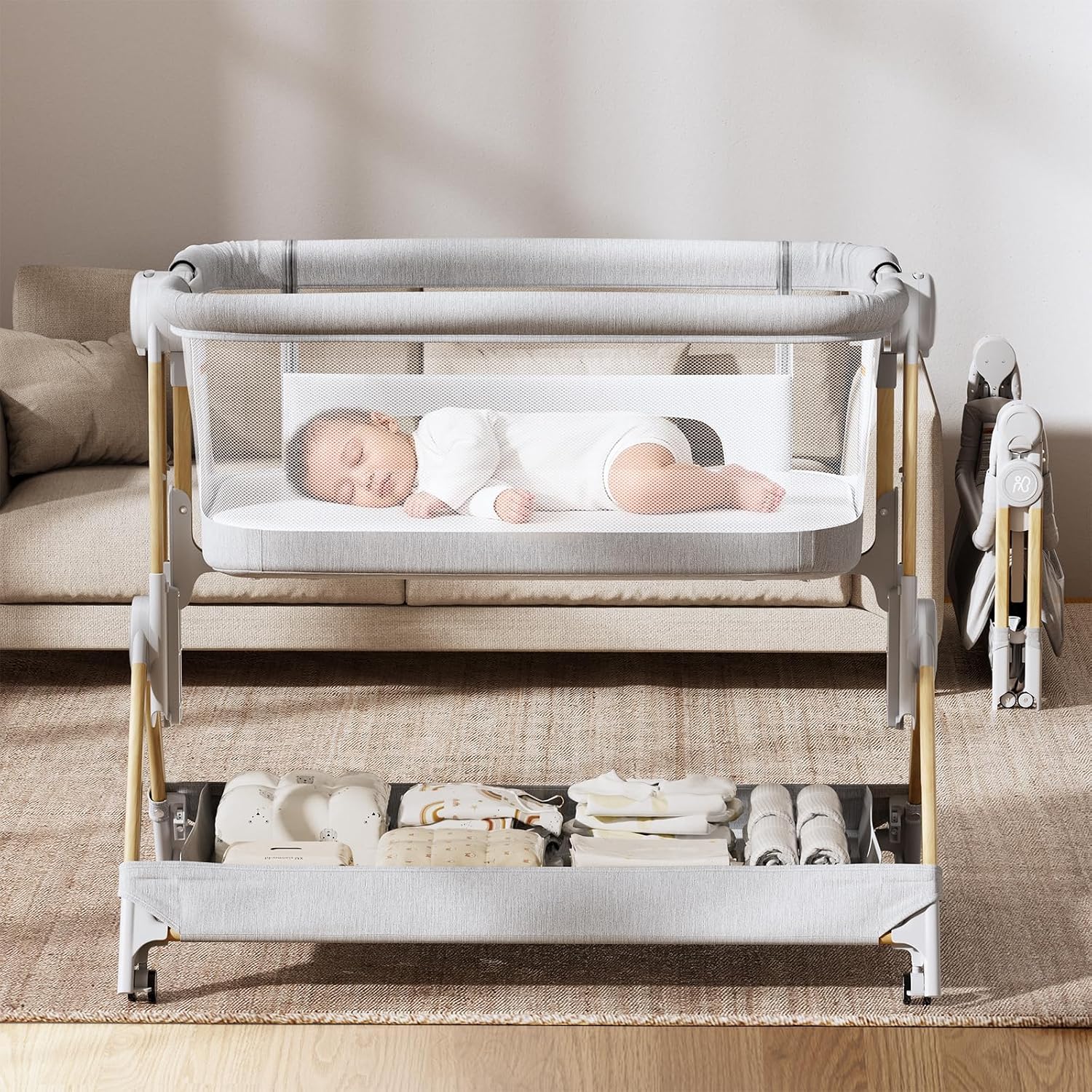 Bassinet Bedside Sleeper - 3-in-1 Beistellbett Ein-Klick-Faltbares Baby-Schlafkörbchen