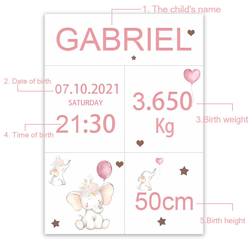 Rosa Baby Angepasst Name Datum – Baby Nursery Elephant Bewertung und Preis